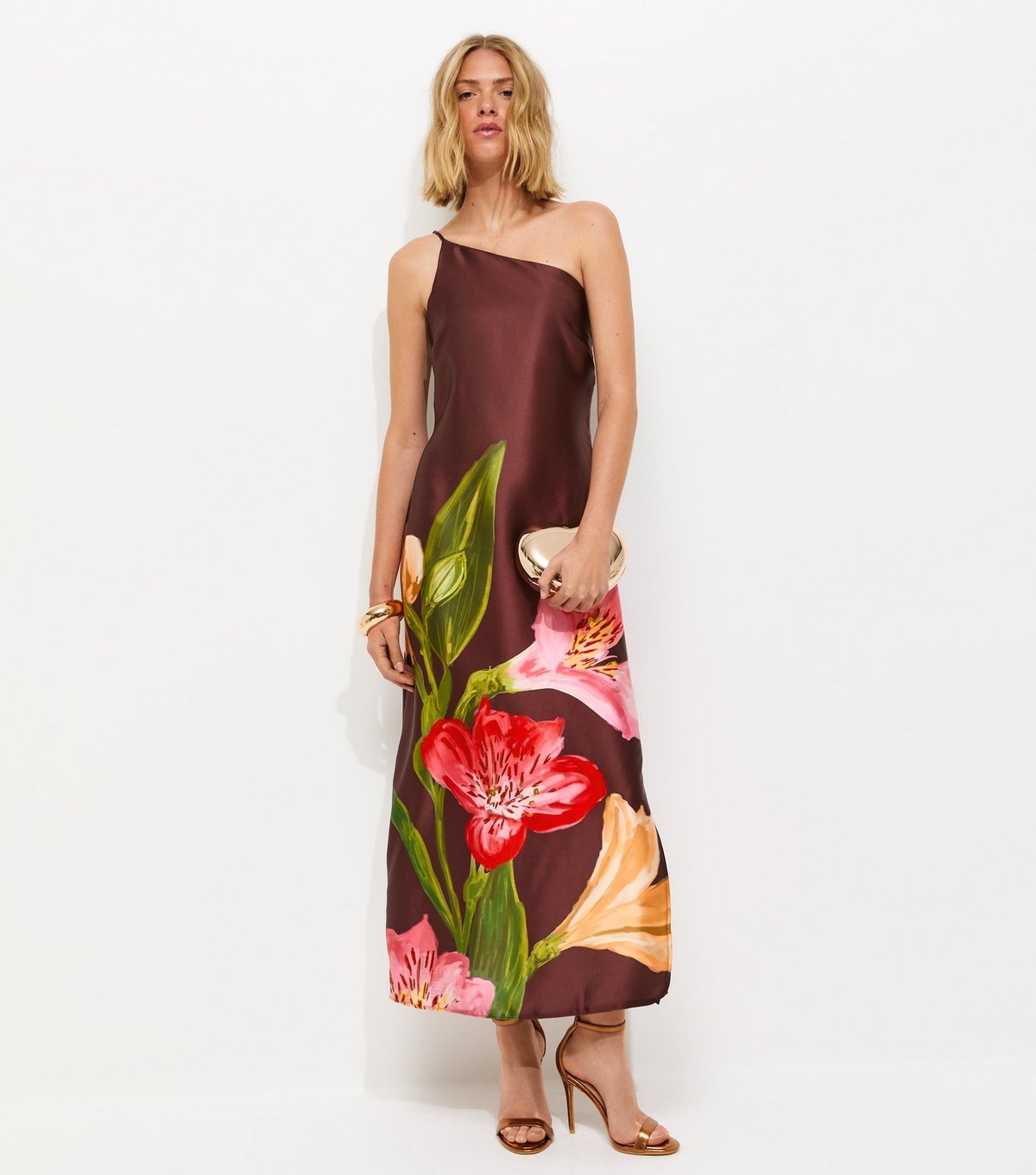 New Look Women's Brown Satin Floral One Shoulder Midi Dress New Look - 3