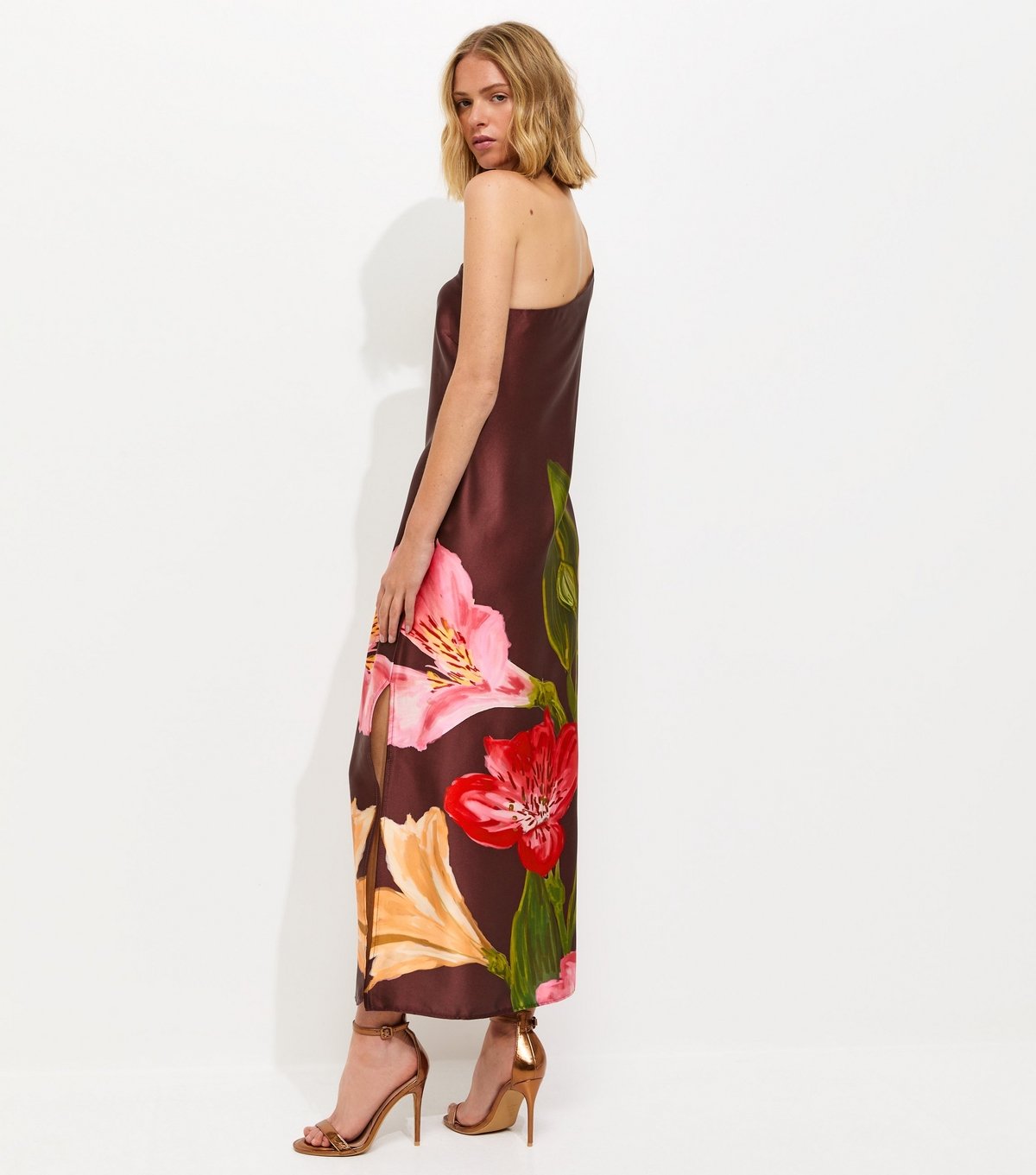 New Look Women's Brown Satin Floral One Shoulder Midi Dress New Look - 4