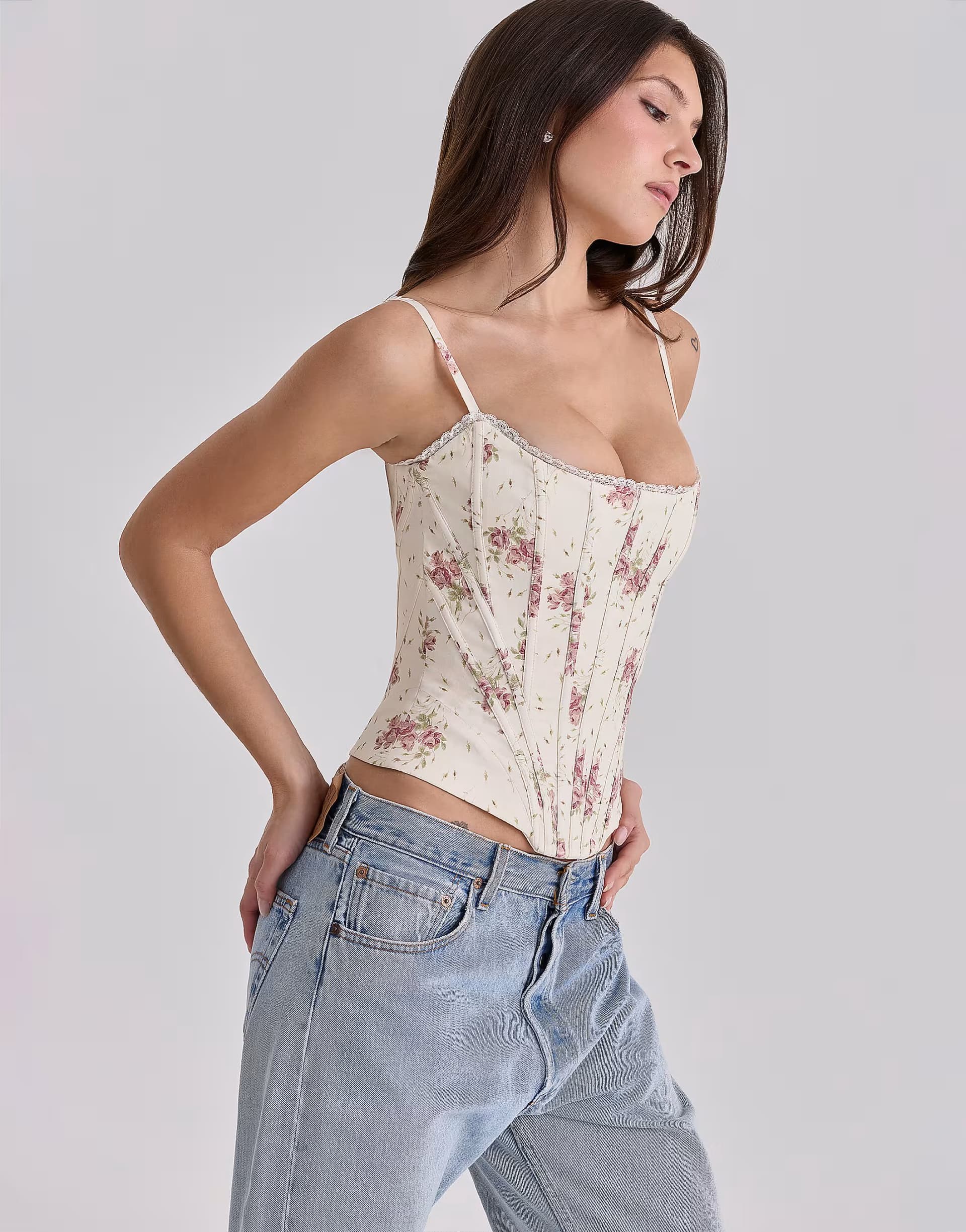 ASOS House of CB Cadie ivory vintage rose print cotton corset top in ivory vintage rose print