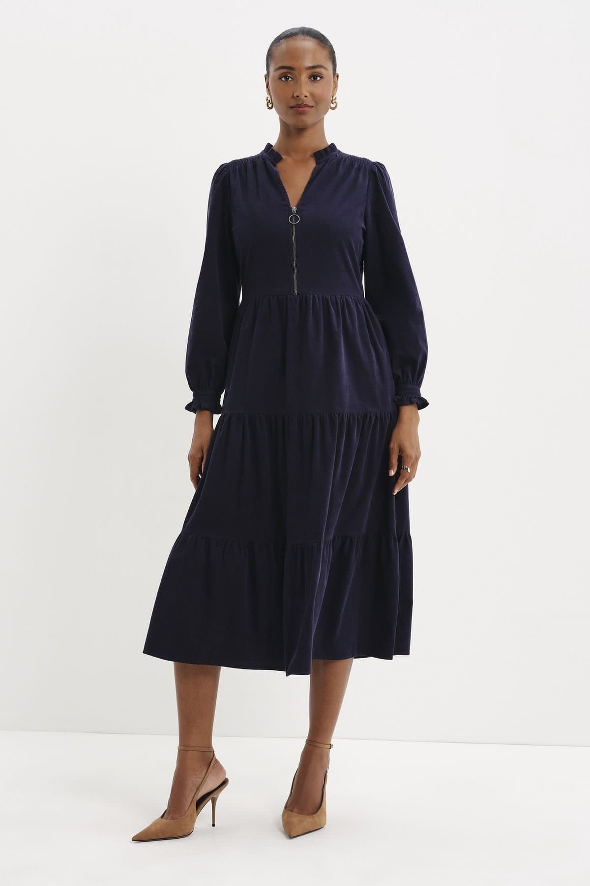 Finery London Finery London Women's Antonia Gathered Tiered Midi Dress in Navy