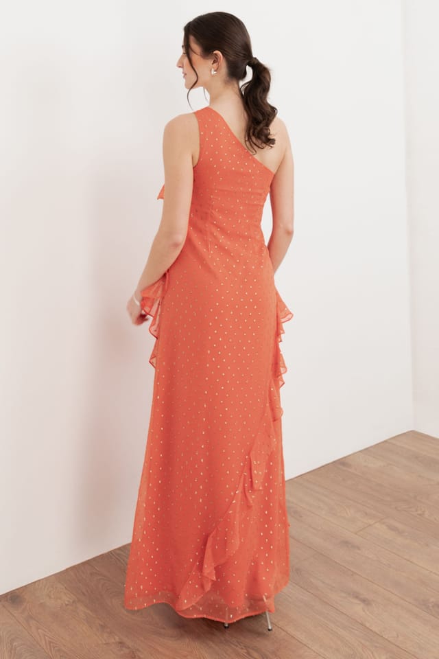 Anaya with Love Anaya with Love Women's One Shoulder Waterfall Ruffle Maxi Dress in Coral - 2