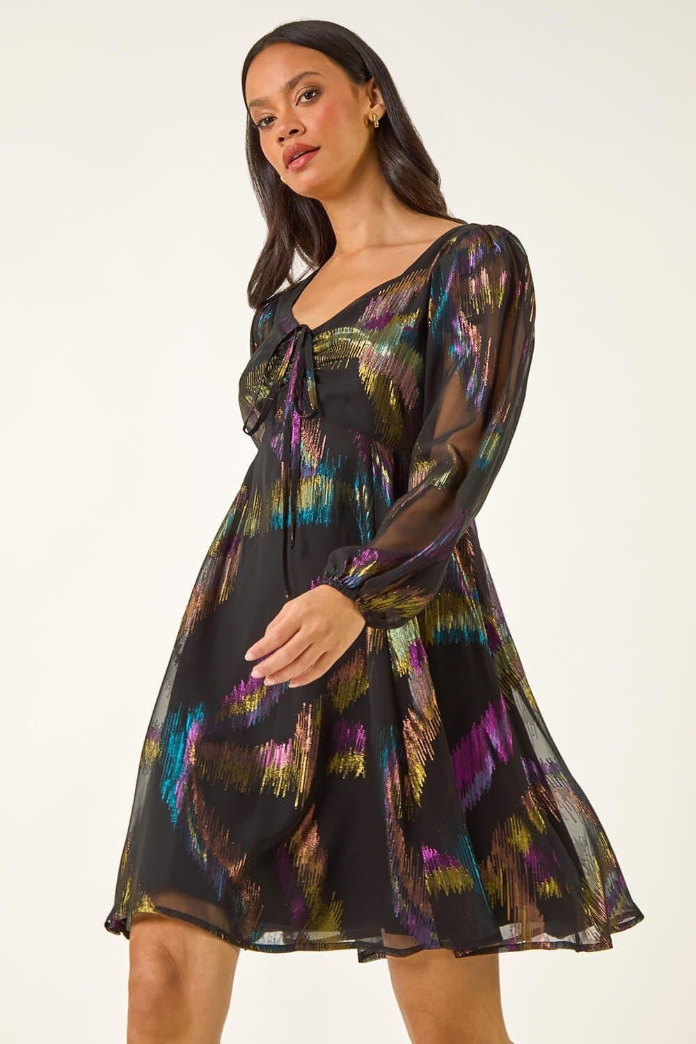Dusk Dusk Women's Foil Print Tie Dress in Black