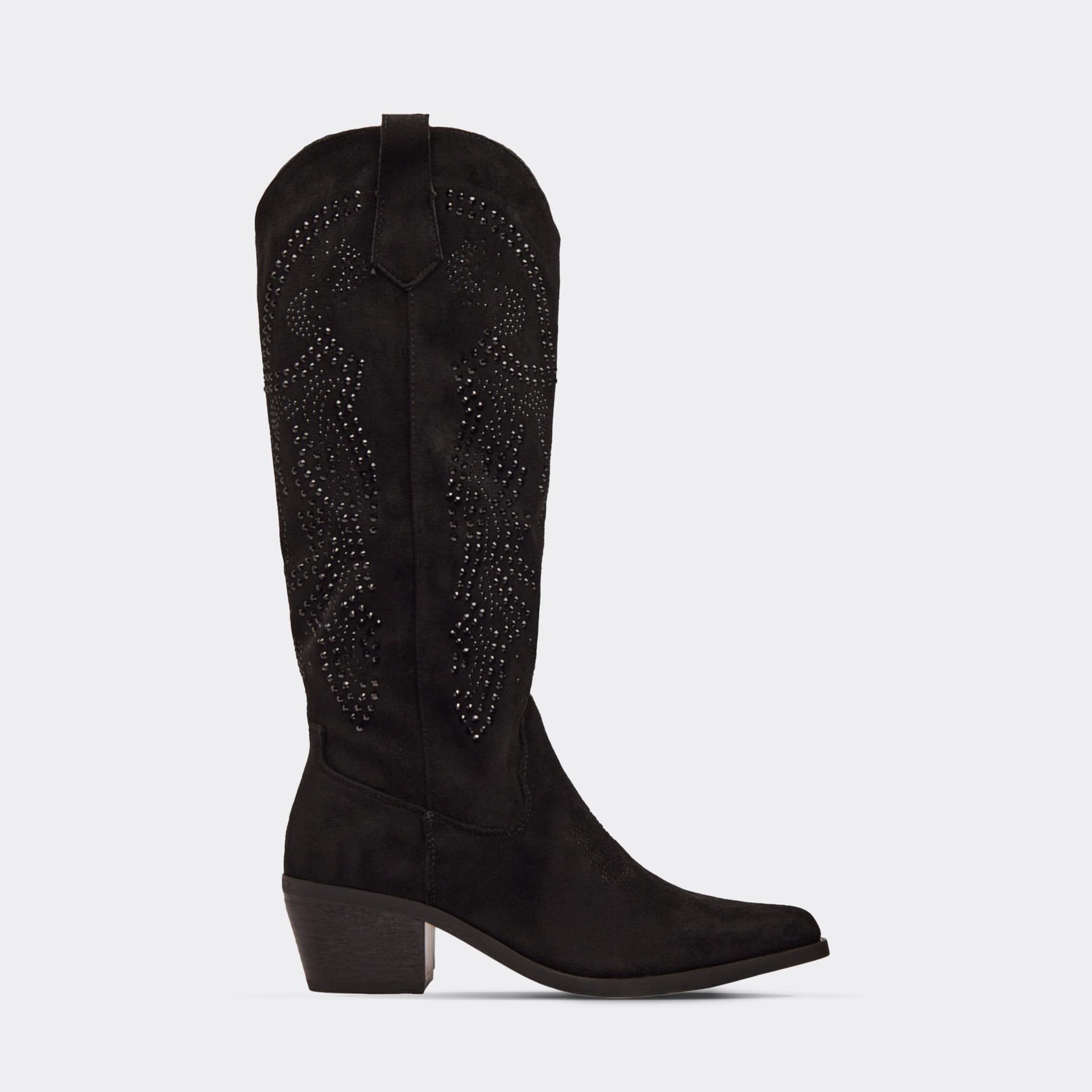 EGO Stylez Diamante Detail Knee High Western Cowboy Boot In Black Faux Suede, Women's Size UK 3