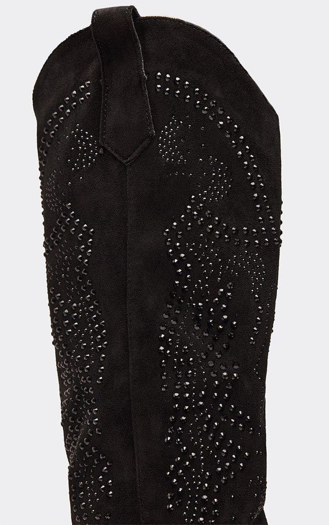 EGO Stylez Diamante Detail Knee High Western Cowboy Boot In Black Faux Suede, Women's Size UK 3 - 2