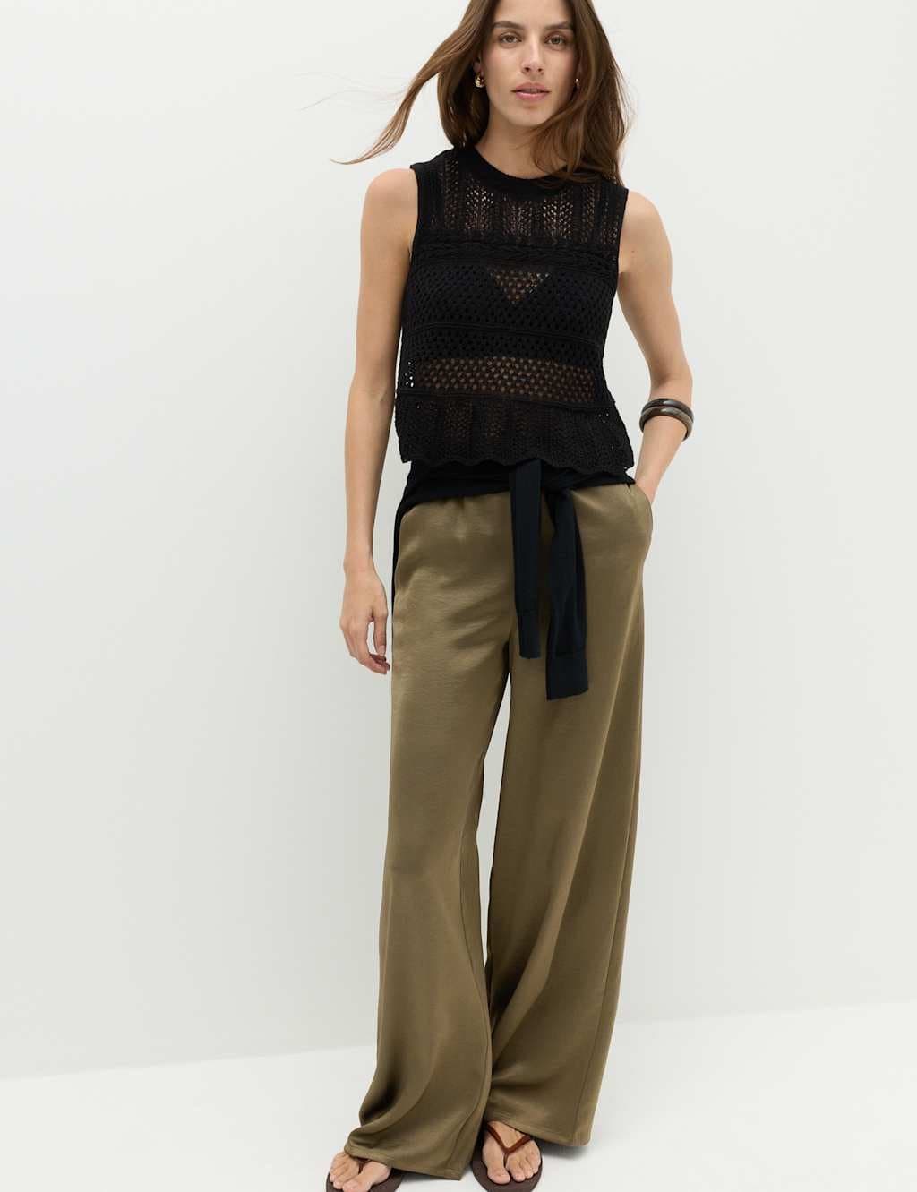 Marks & Spencer M&S Satin Drawstring Wide Leg Trousers Moss