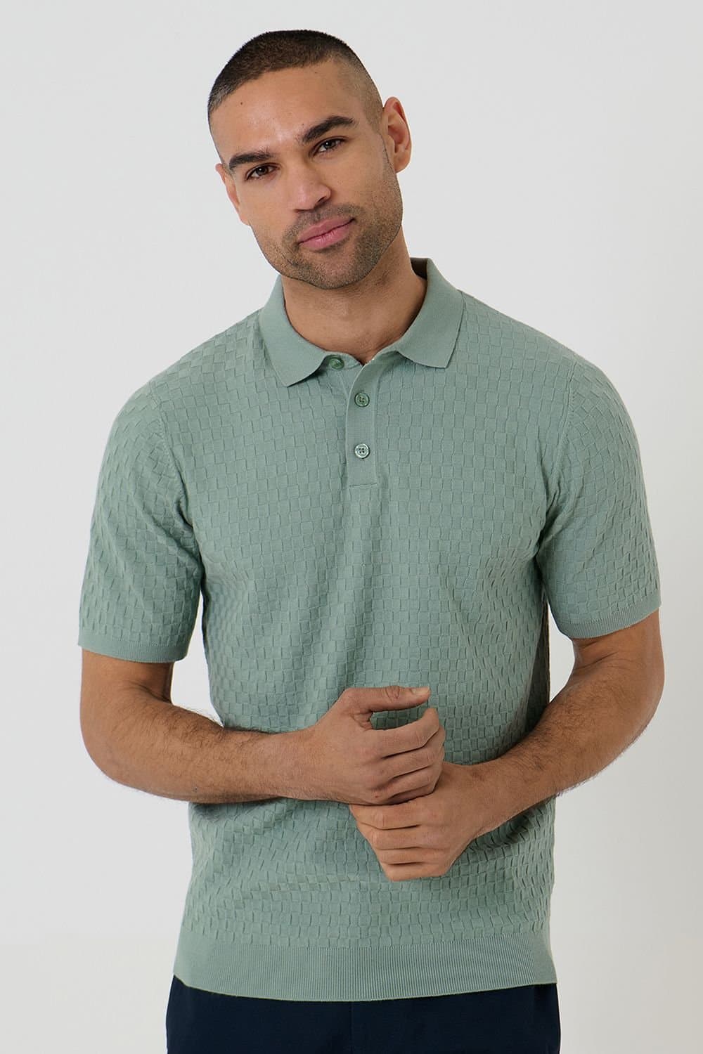 Threadbare Threadbare Men's Basket Stitch Short Sleeve Knitted Polo in Pale Green