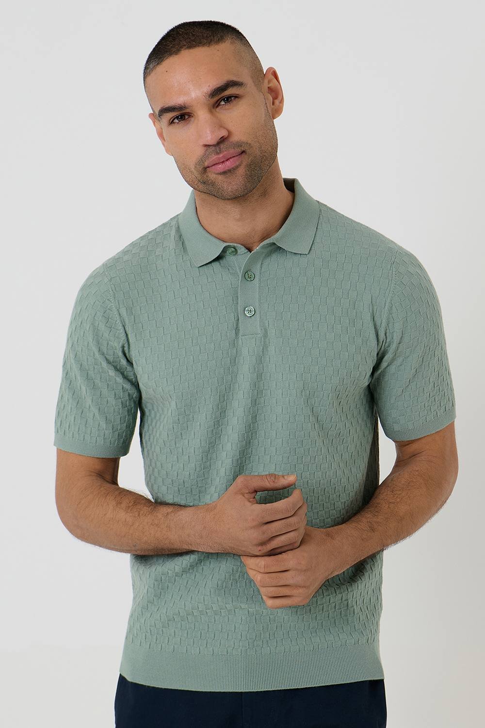 Threadbare Threadbare Men's Basket Stitch Short Sleeve Knitted Polo in Pale Green - 3