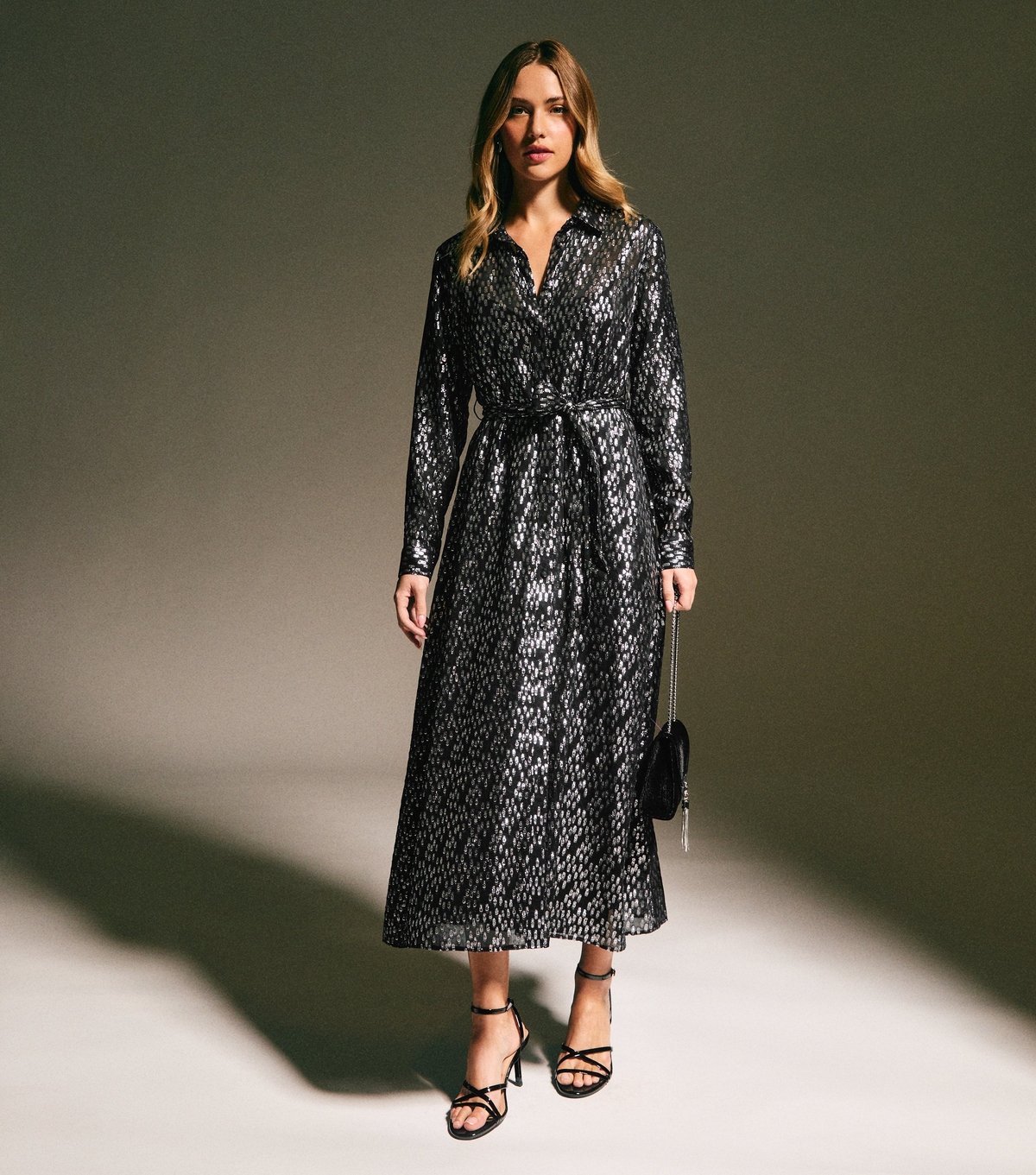 New Look Women's Black Abstract Metallic Pattern Midi Shirt Dress New Look - 3