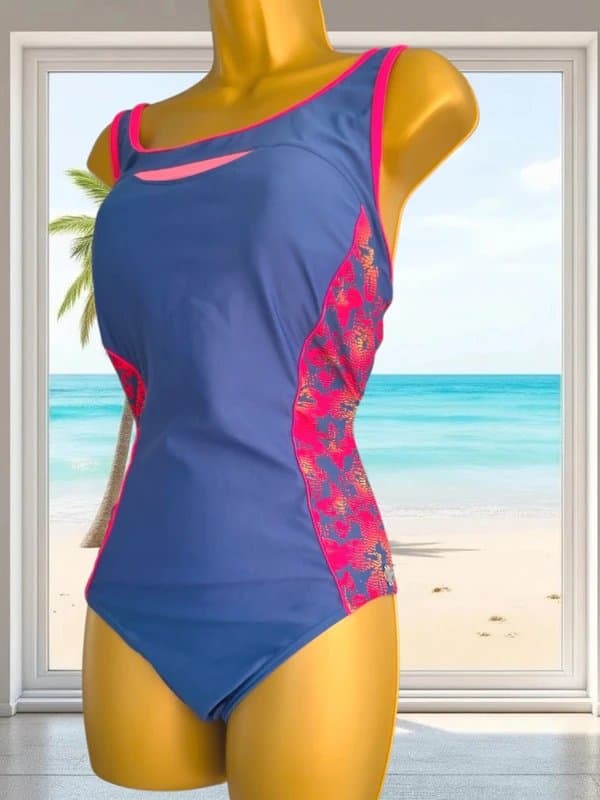 Maine New England Swimsuit size 18 Athletic racer back blue red panels stretch
