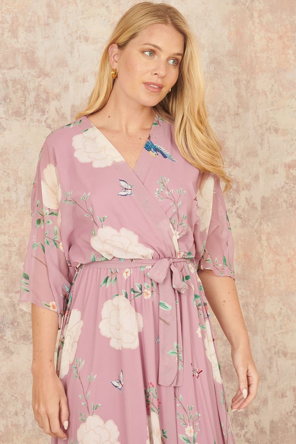Yumi Yumi Women's Pink Bird & Floral Print Midi Wrap Dress