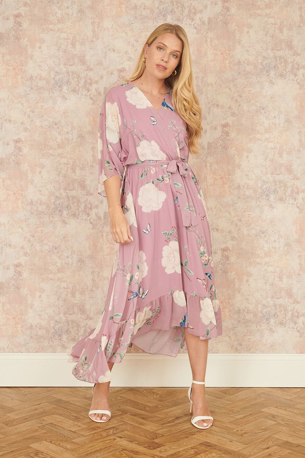 Yumi Yumi Women's Pink Bird & Floral Print Midi Wrap Dress - 2