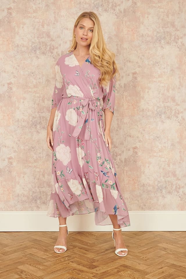 Yumi Yumi Women's Pink Bird & Floral Print Midi Wrap Dress - 3