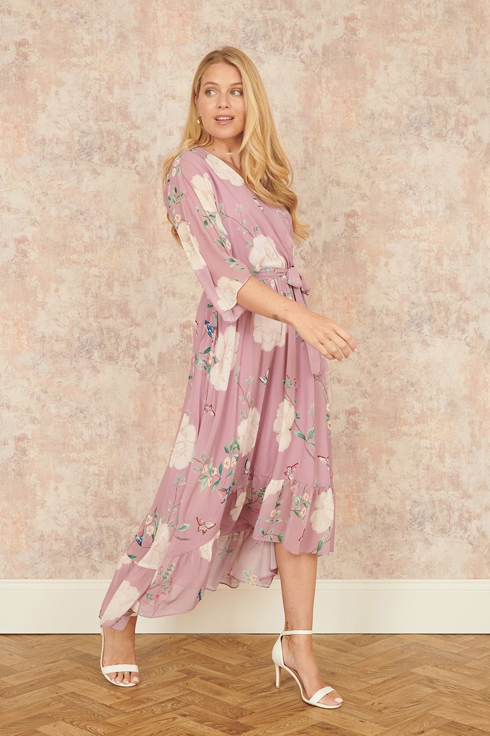Yumi Yumi Women's Pink Bird & Floral Print Midi Wrap Dress - 4
