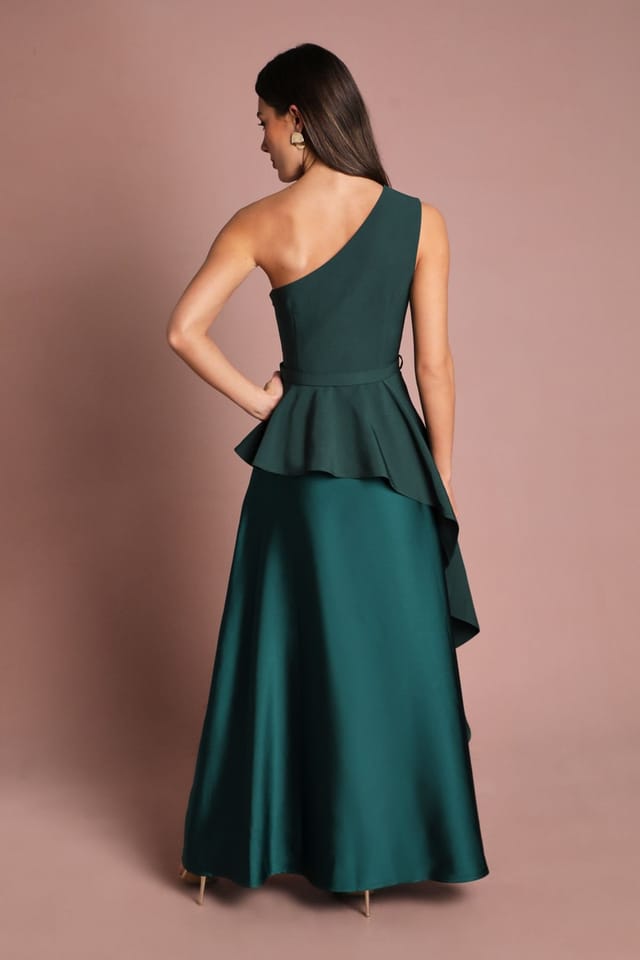 Coast Coast Women's One Shoulder Ruffle Detail Satin Maxi Dress in Emerald - 3