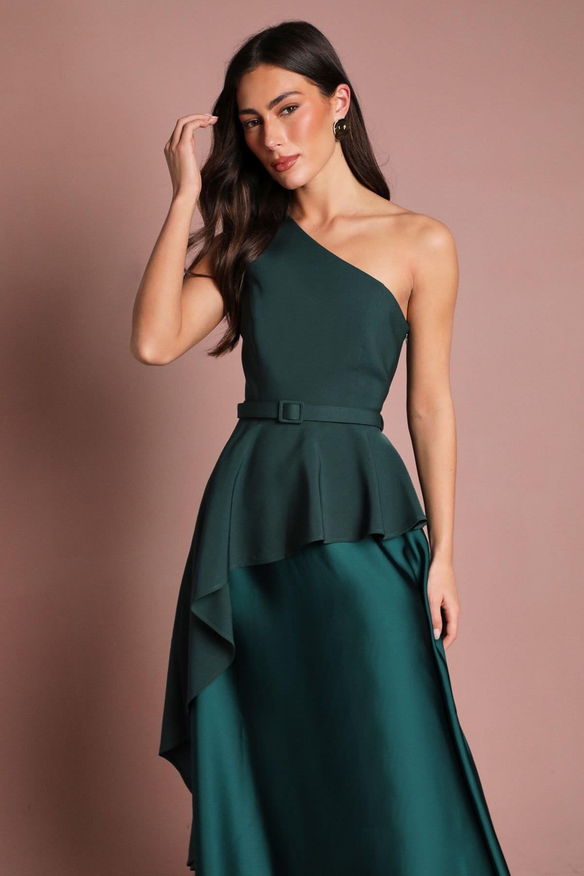 Coast Coast Women's One Shoulder Ruffle Detail Satin Maxi Dress in Emerald - 4