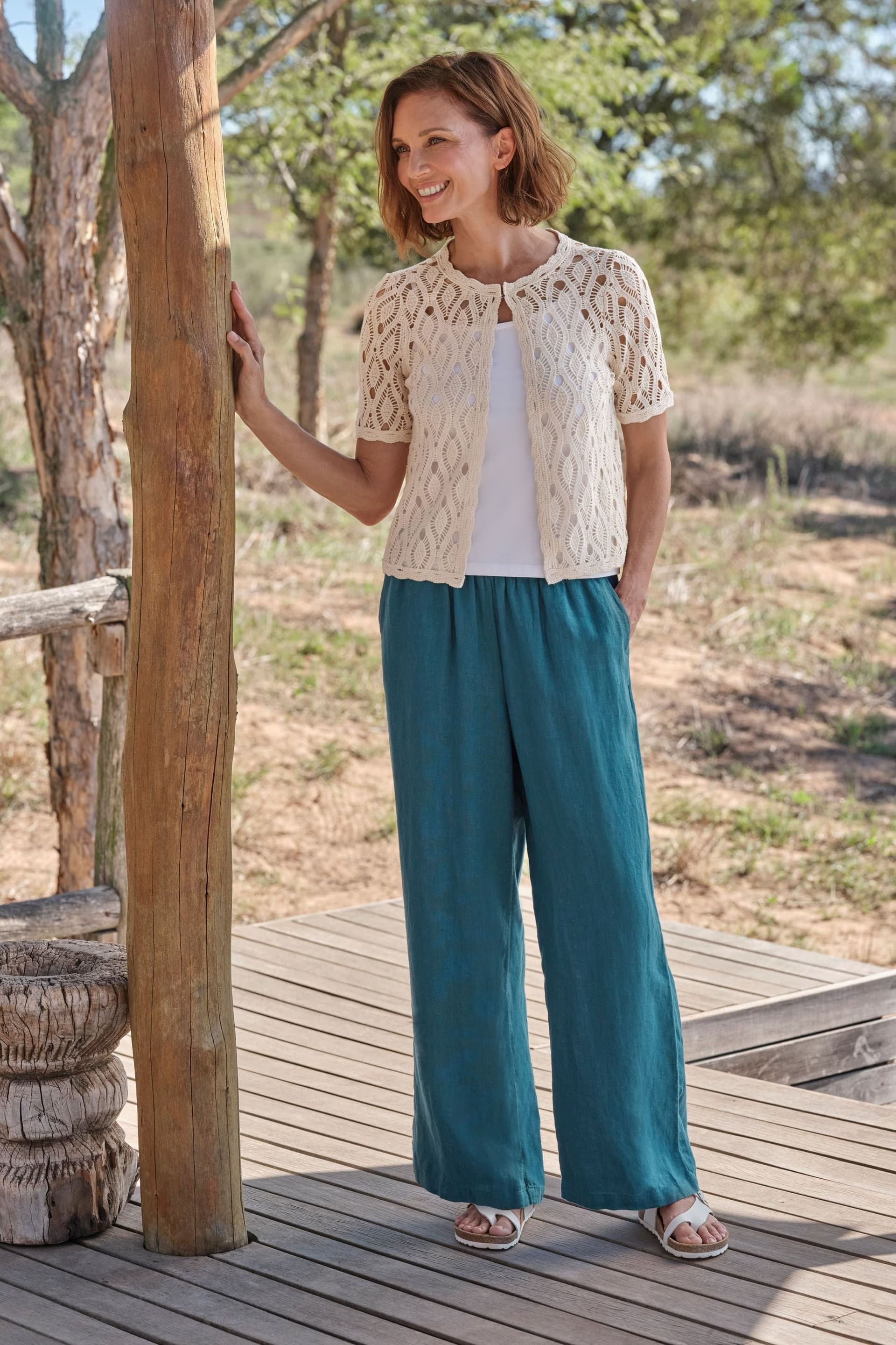 WoolOvers WoolOvers Women's Wide Leg Full Length Linen Trousers in Teal
