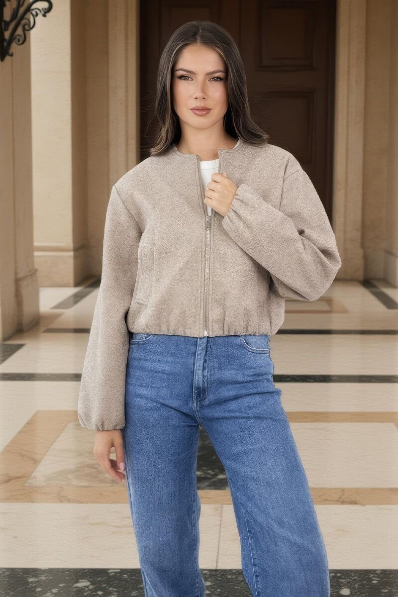 AX Paris AX Paris Women's Mocha Marl Bubble Hem Zip Up Bomber Jacket in Light Brown - 3