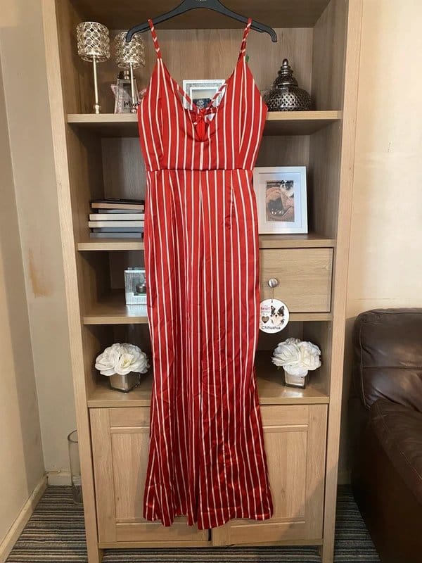 In The Style Burgundy Striped Satin Jumpsuit Size 8/10