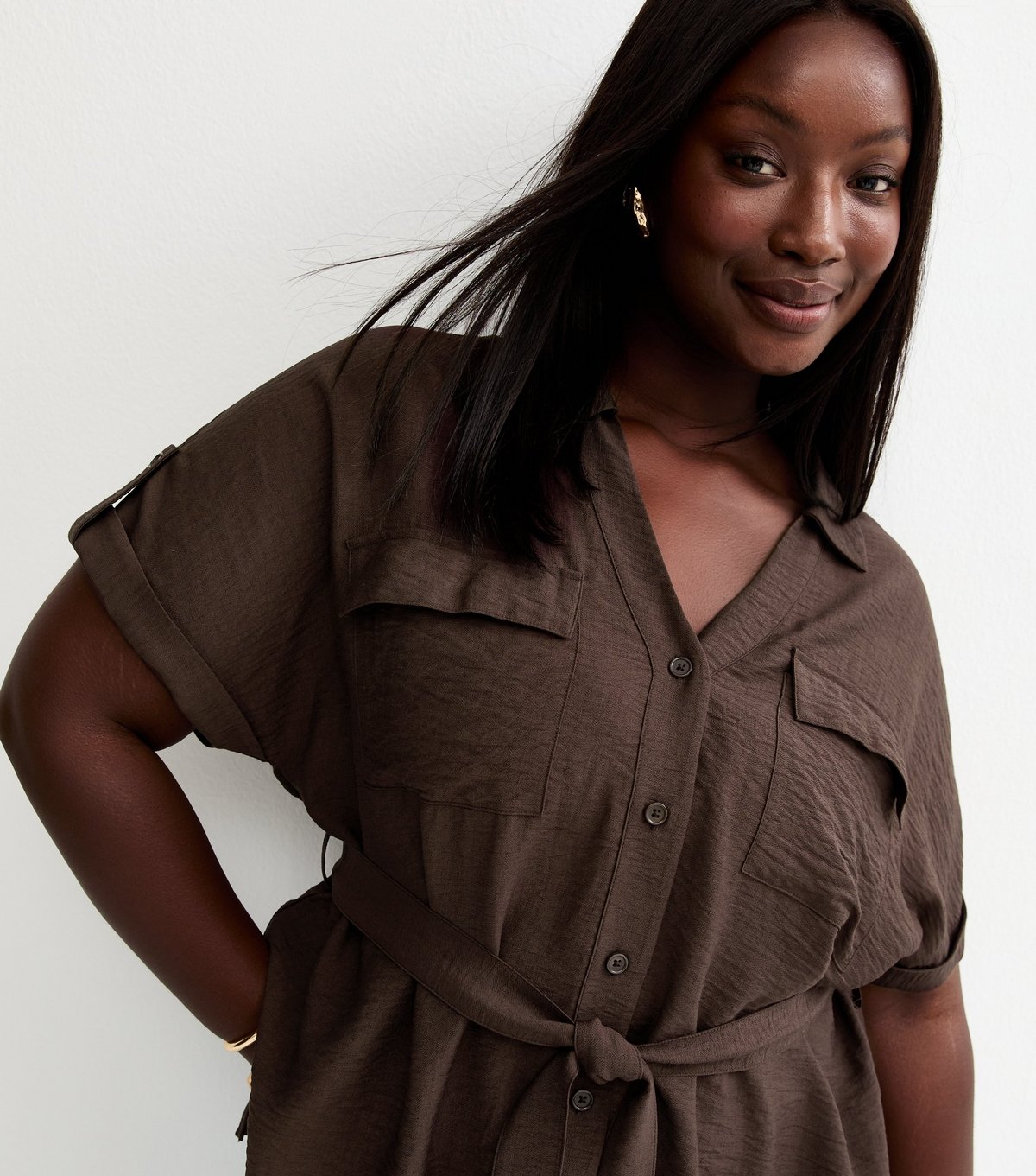 New Look Women's Plus Size Dark Brown Tie Belt Utility Shirt Curves New Look - 2