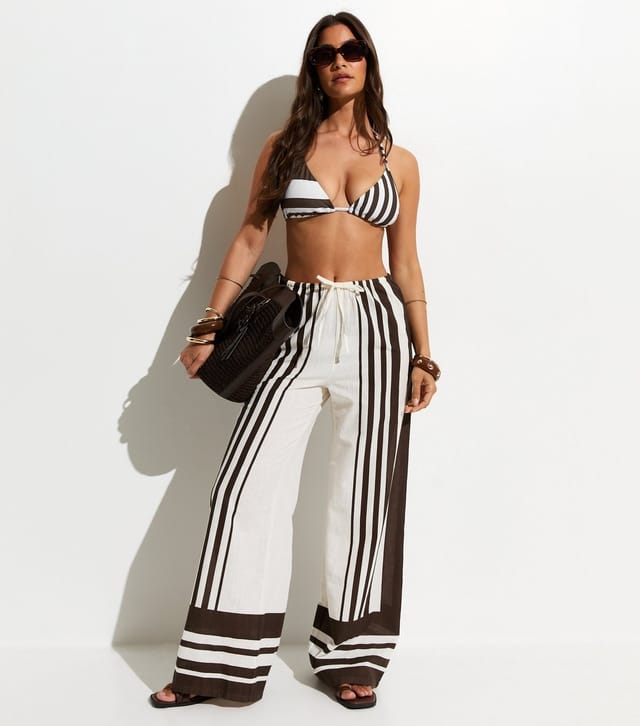 New Look Women's Brown and White Striped Triangle Bikini Top New Look - 3