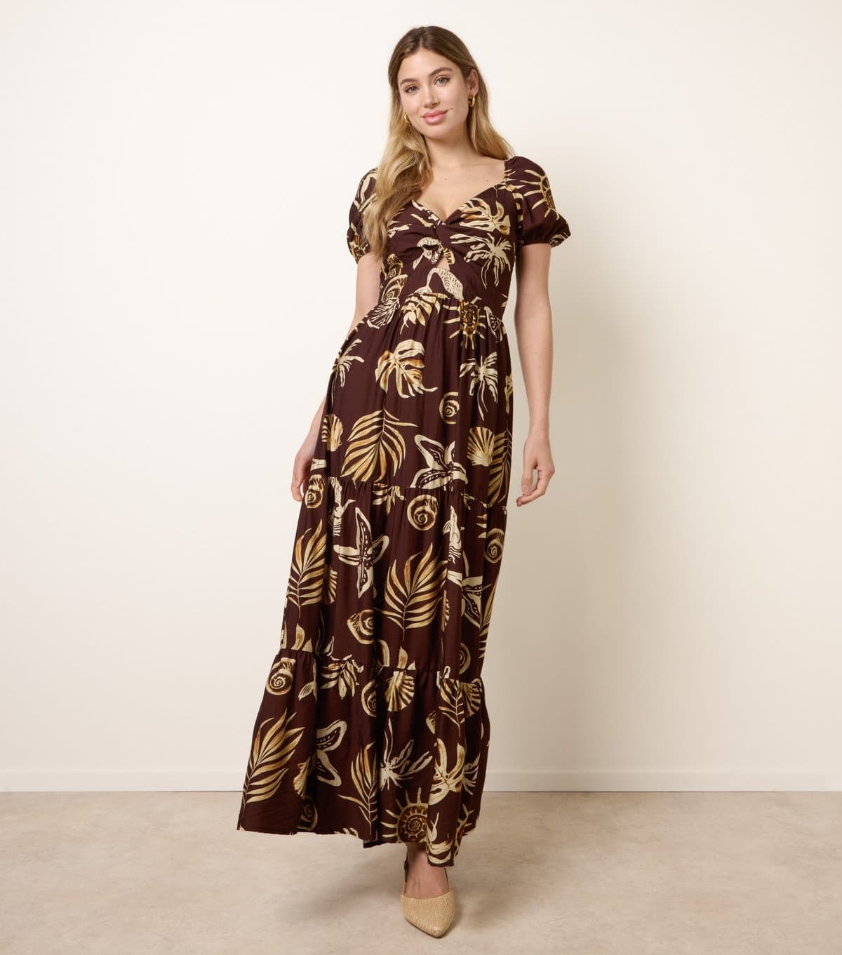 Blue Vanilla Women's Dark Brown Knot Front Shell Print Dress Blue Vanilla New Look