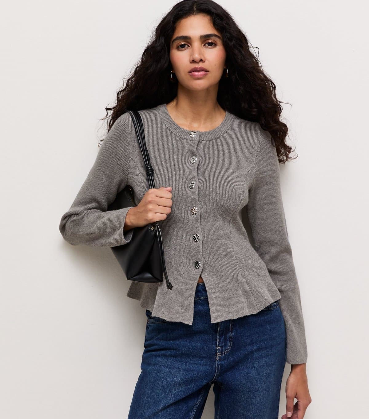 New Look Women's Grey Ribbed Knit Textured Button Peplum Cardigan New Look
