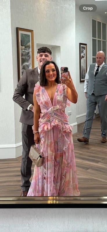 Asos luxe Asos Luxe plunge maxi dress with ruched chiffon detail & open back in pink floral print