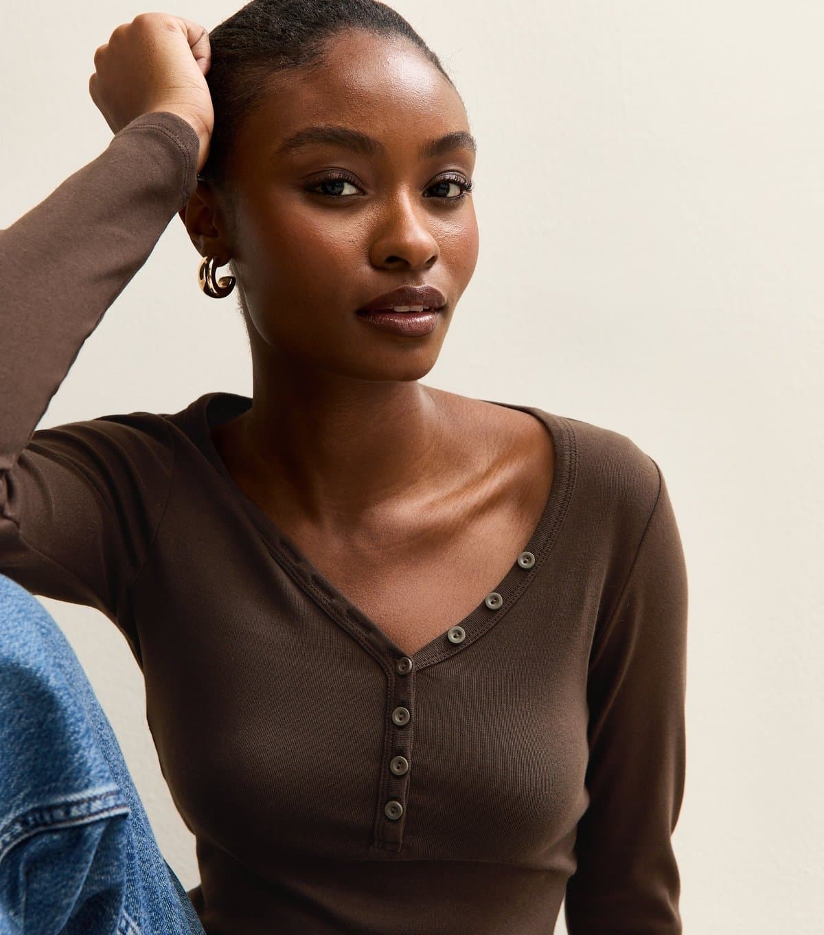 New Look Women's Dark Brown Long Sleeve Henley Top New Look