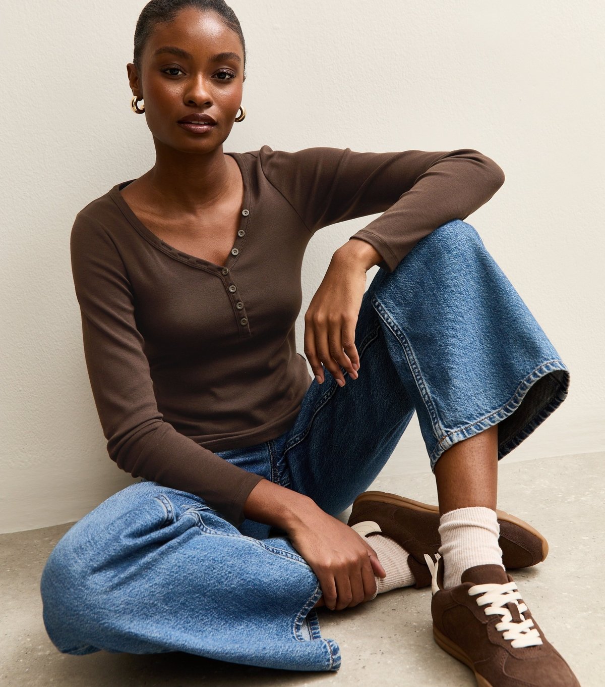 New Look Women's Dark Brown Long Sleeve Henley Top New Look - 2