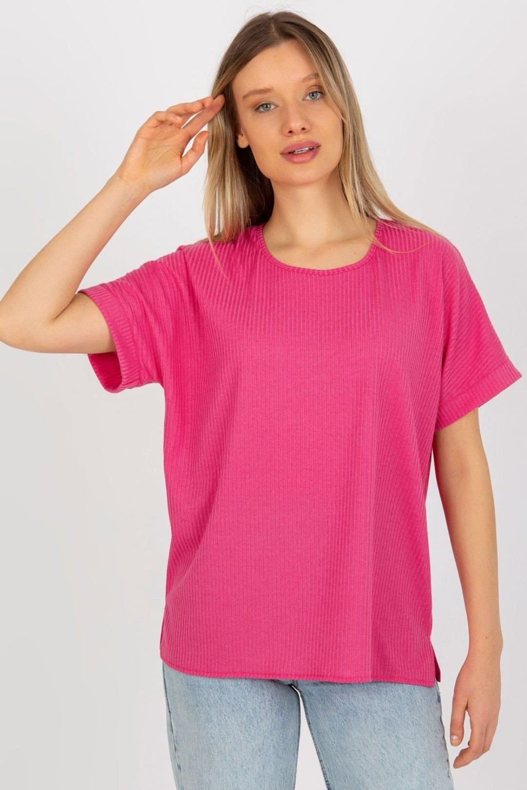 Love Lace Love Lace Women's Ribbed Short Sleeve Round Neck Blouse in Pink