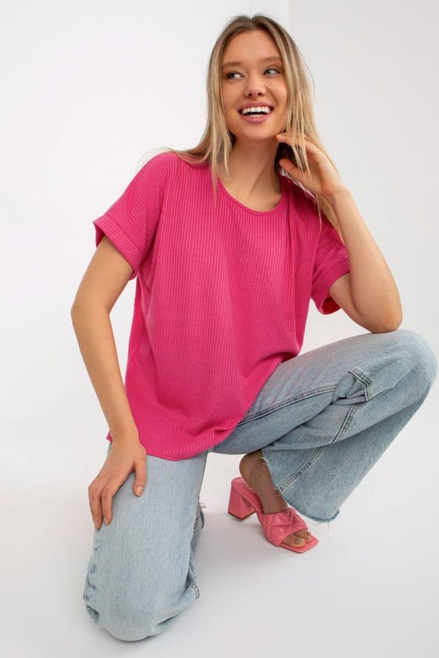 Love Lace Love Lace Women's Ribbed Short Sleeve Round Neck Blouse in Pink - 2