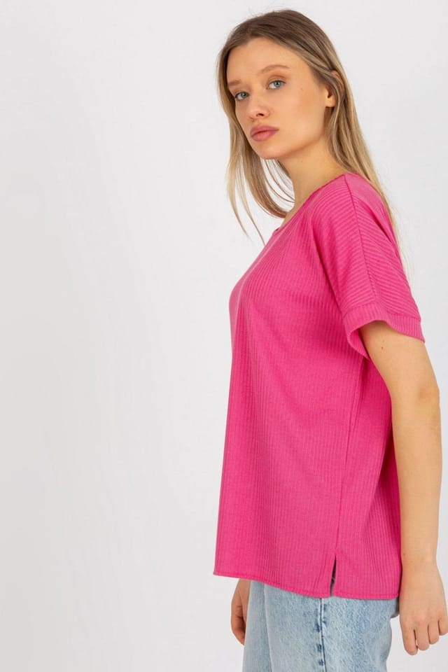 Love Lace Love Lace Women's Ribbed Short Sleeve Round Neck Blouse in Pink - 3