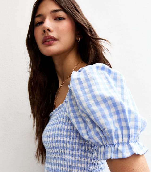 New Look Women's Blue Gingham Print Shirred Top V Waist Midi Dress New Look - 2