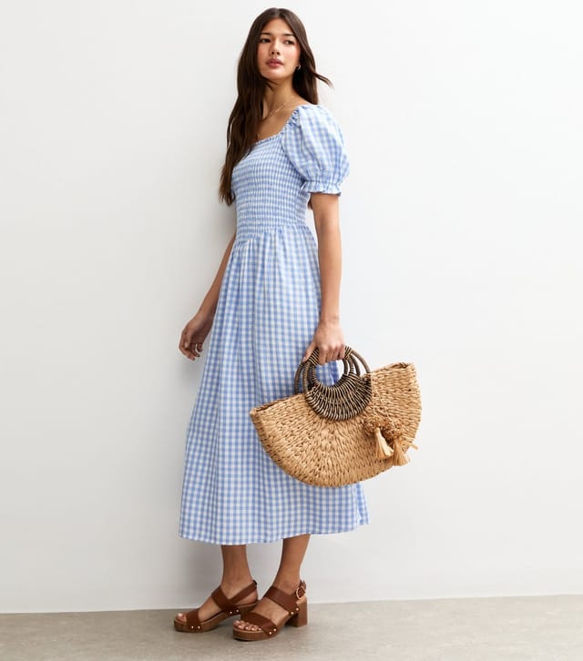 New Look Women's Blue Gingham Print Shirred Top V Waist Midi Dress New Look - 3