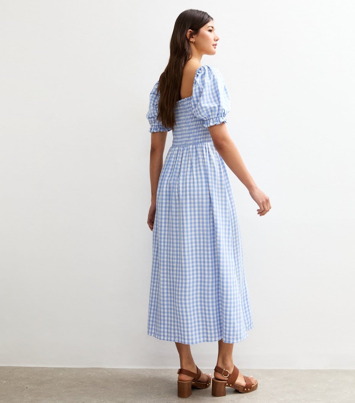 New Look Women's Blue Gingham Print Shirred Top V Waist Midi Dress New Look - 4