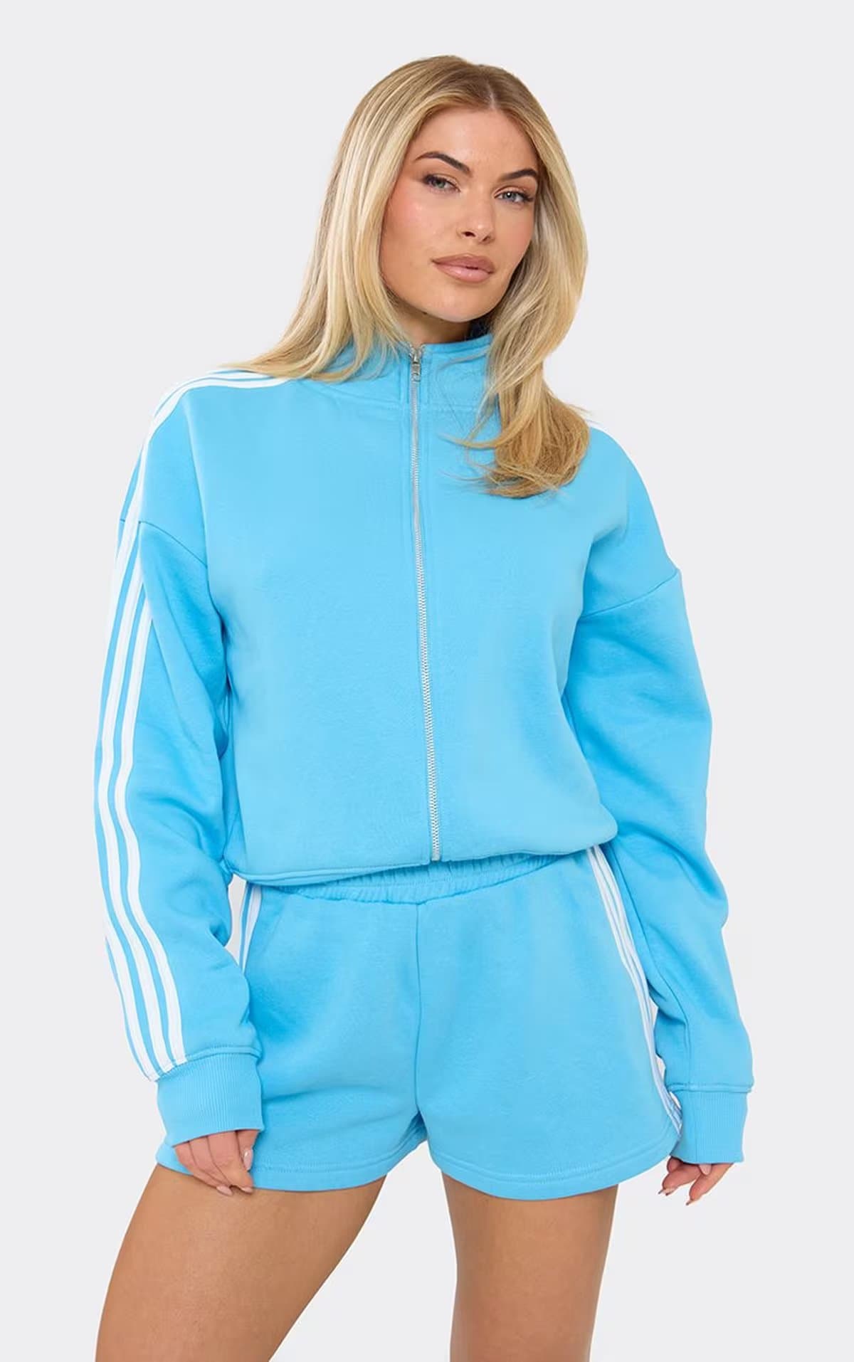EGO High Neck Long Sleeve Contrast Side Stripe Zip Up Sweatshirt In Blue, Women's Size UK 6