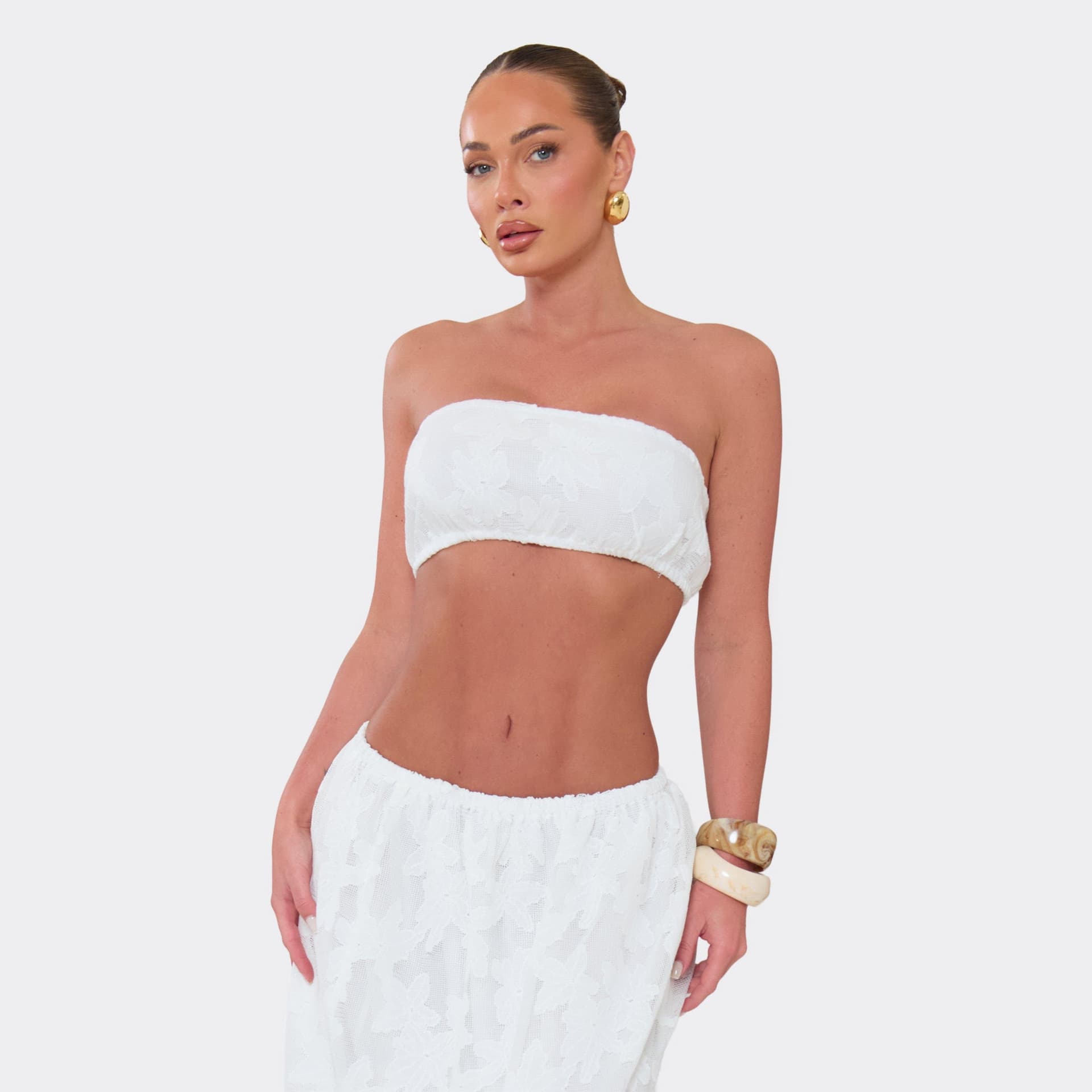 EGO Bandeau Crop Top In White Floral Print Texture, Women's Size UK 6