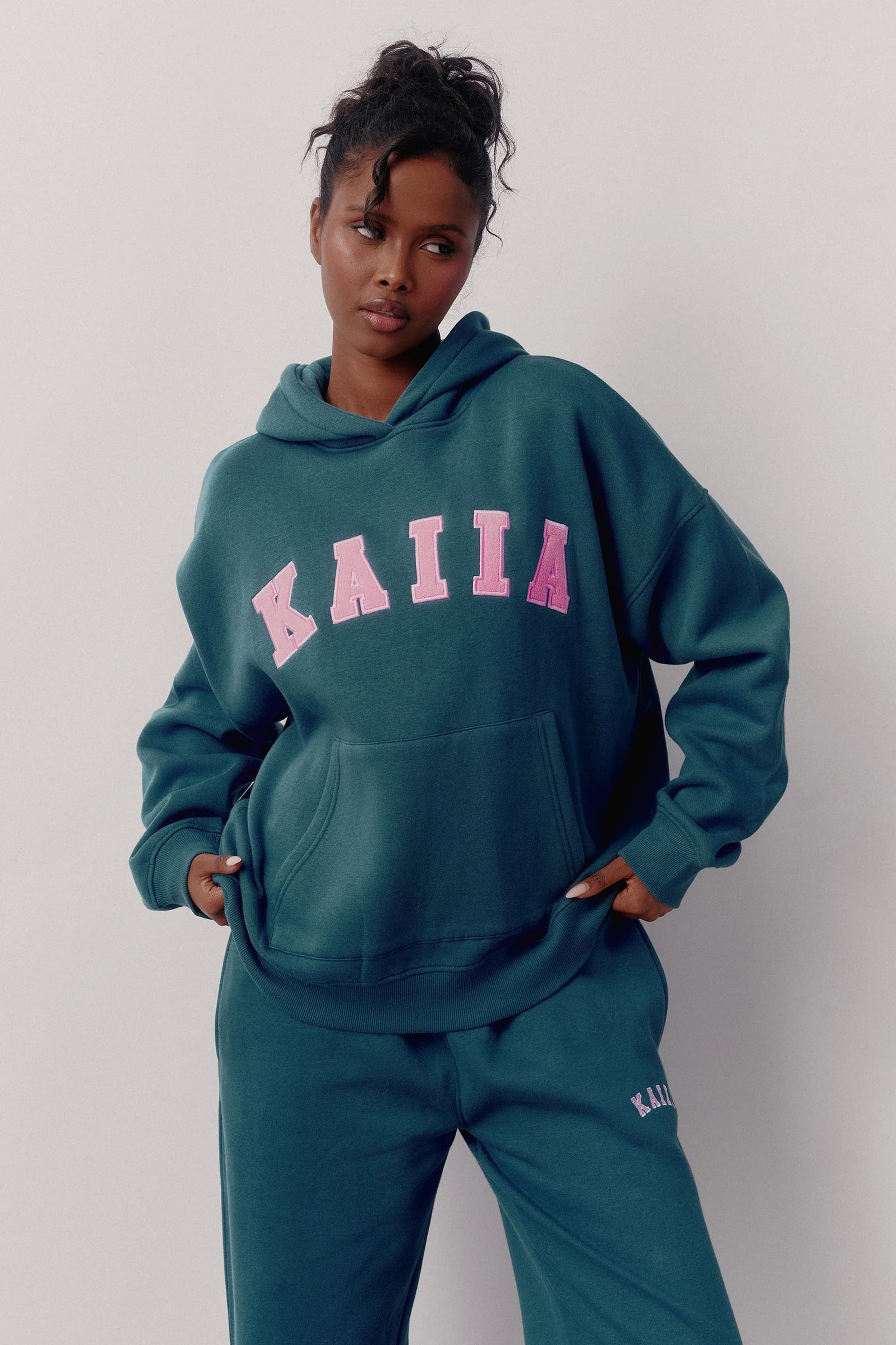 Kaiia Kaiia Slogan Oversized Hoodie Deep Teal & Pink