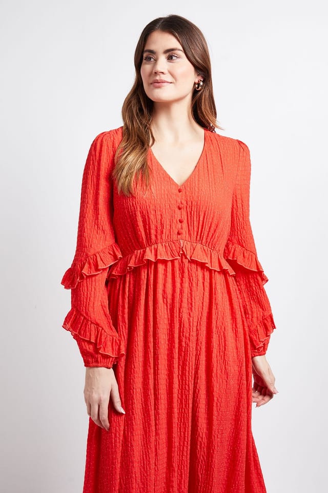 Wallis Wallis Women's Textured Polka Dot Ruffle Midi Dress in Red - 2