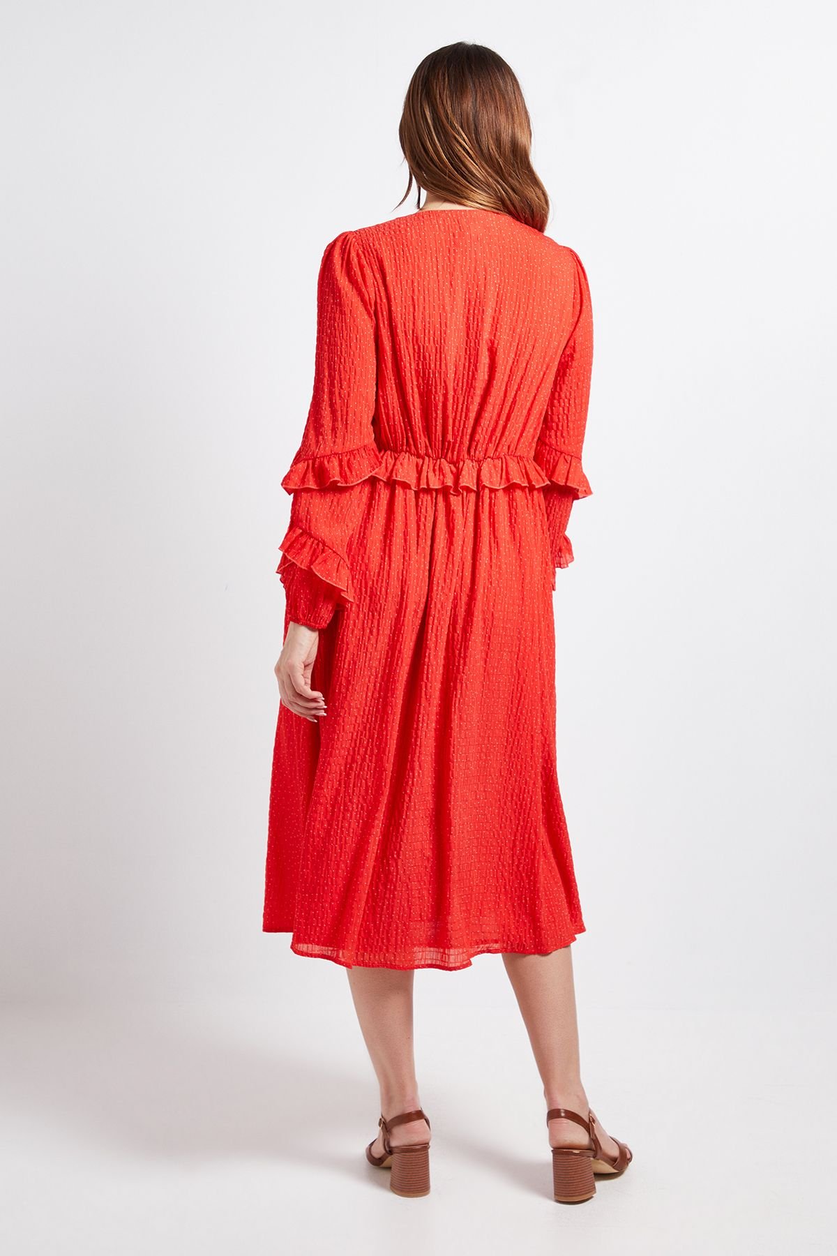 Wallis Wallis Women's Textured Polka Dot Ruffle Midi Dress in Red - 3