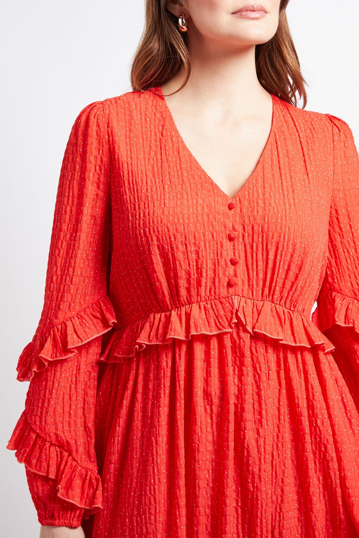 Wallis Wallis Women's Textured Polka Dot Ruffle Midi Dress in Red - 4