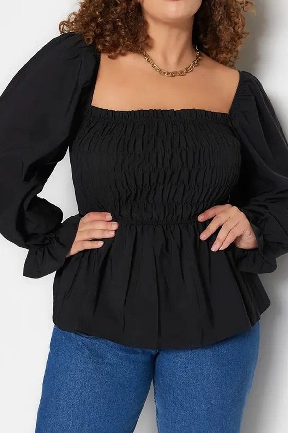 WOVCOR WOVCOR Women's Shirred Puff Sleeve Square Neck Peplum Top in Black - 3