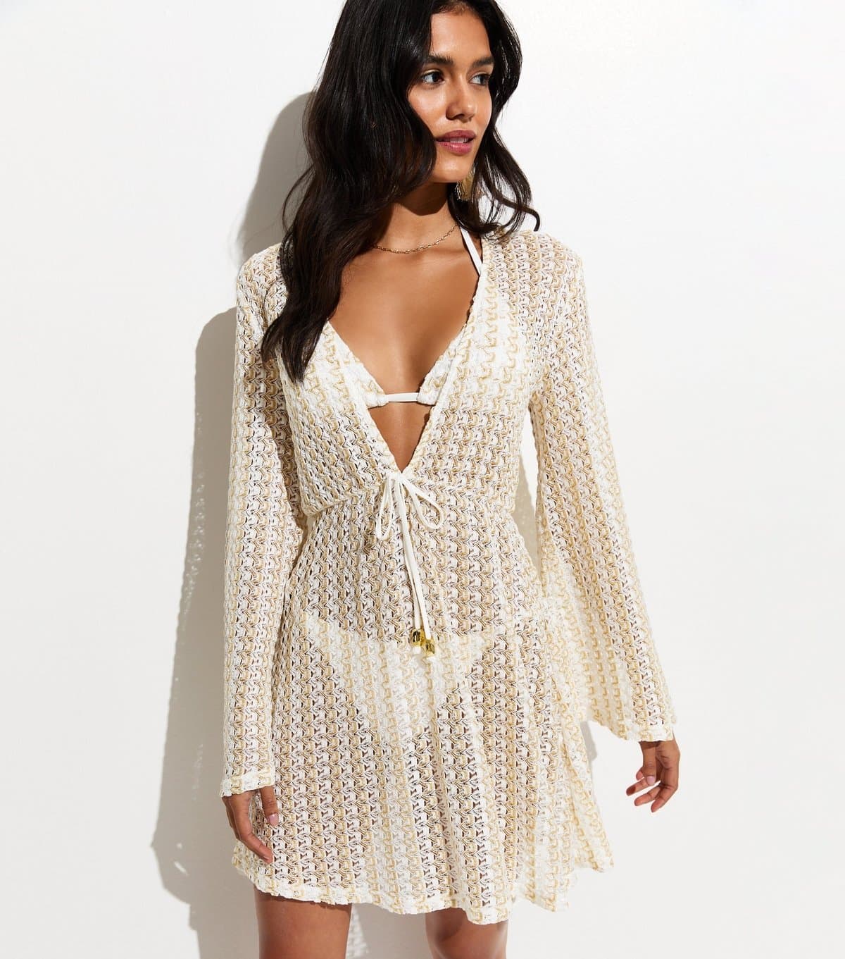 New Look Women's Gold Semi Sheer Lace Beach Kaftan Dress New Look