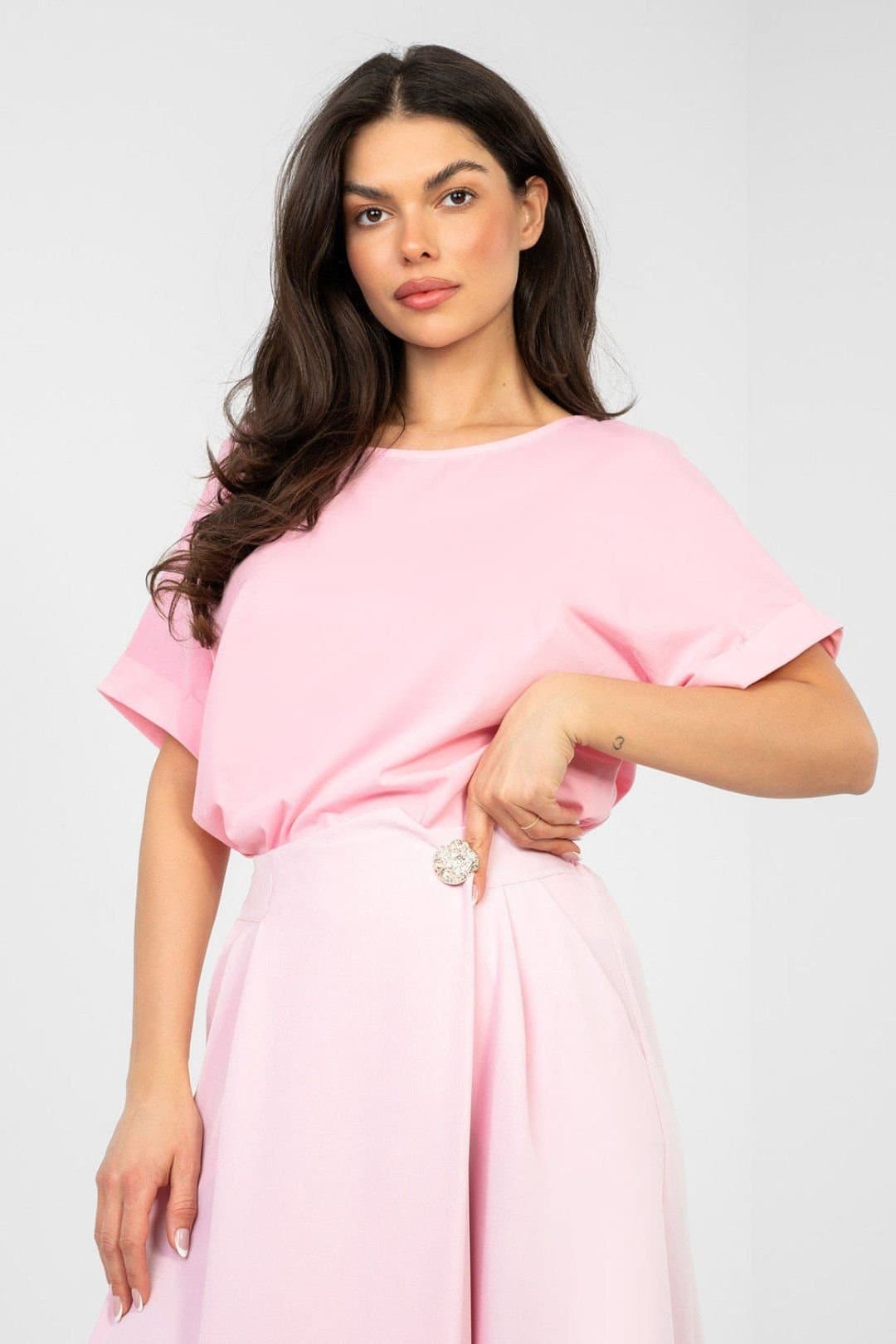 Love Lace Love Lace Women's Classic Oversized Cotton Round Neck Blouse in Pink