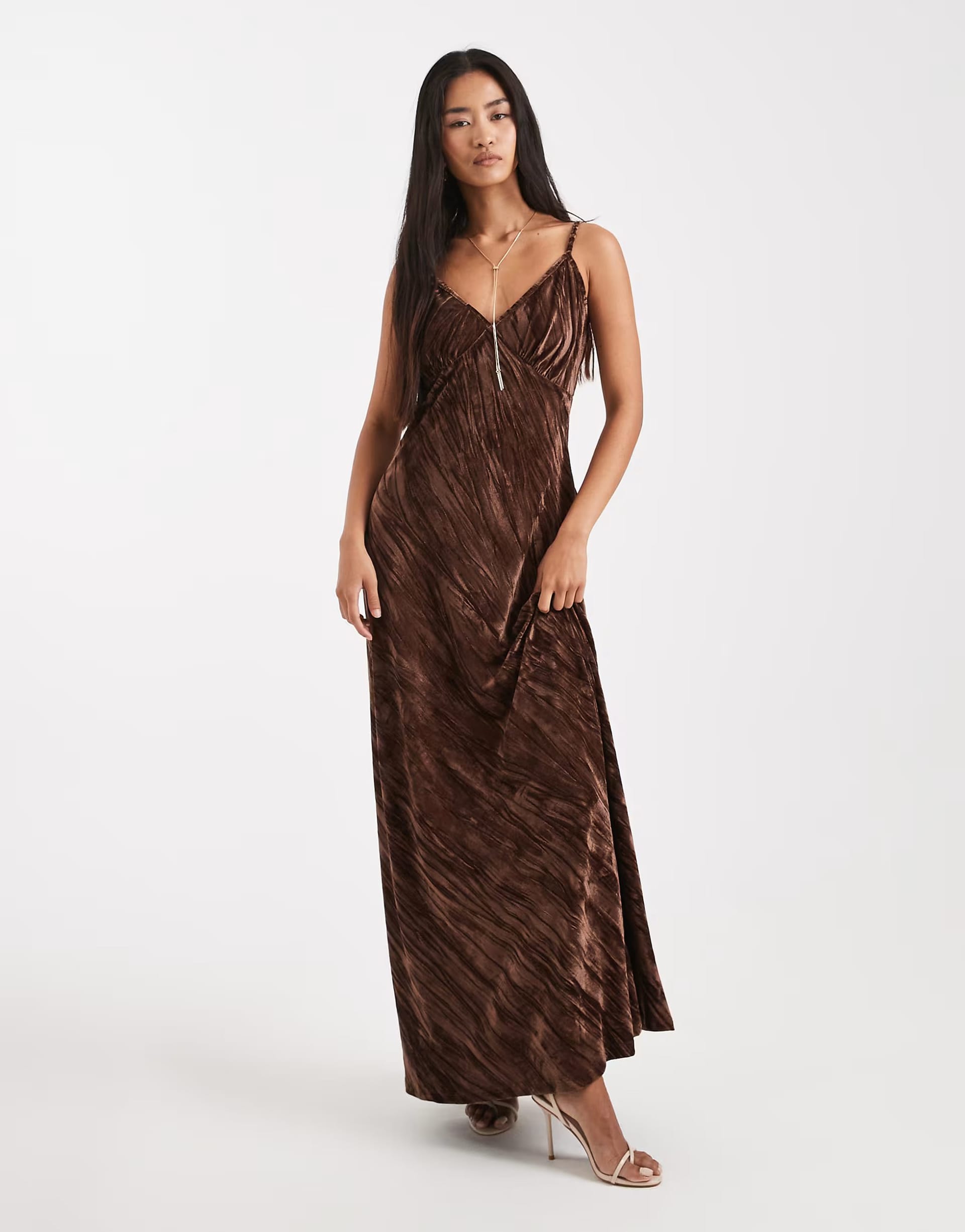 Vero Moda Chocolate Crinkle Velvet Maxi Dress