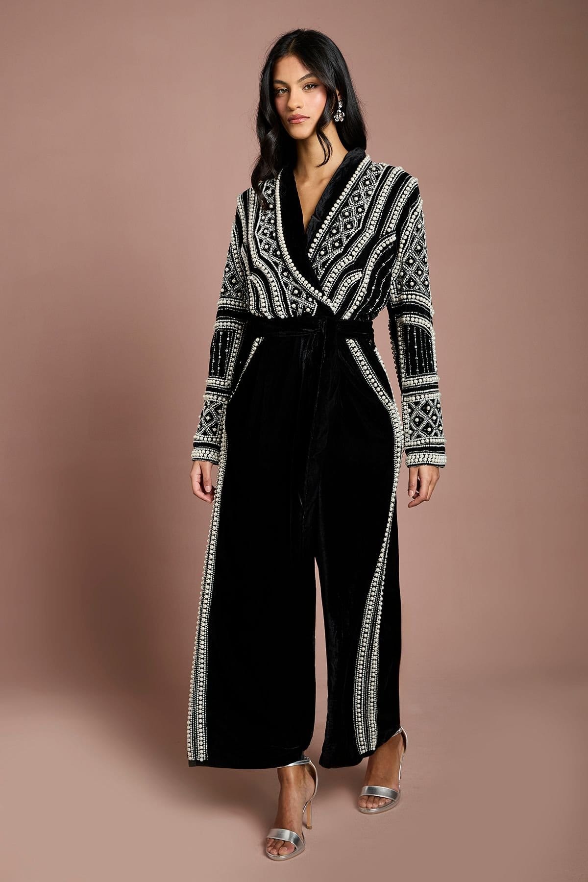 Coast Coast Women's Petite Beaded Velvet Wrap Jumpsuit in Black - 1