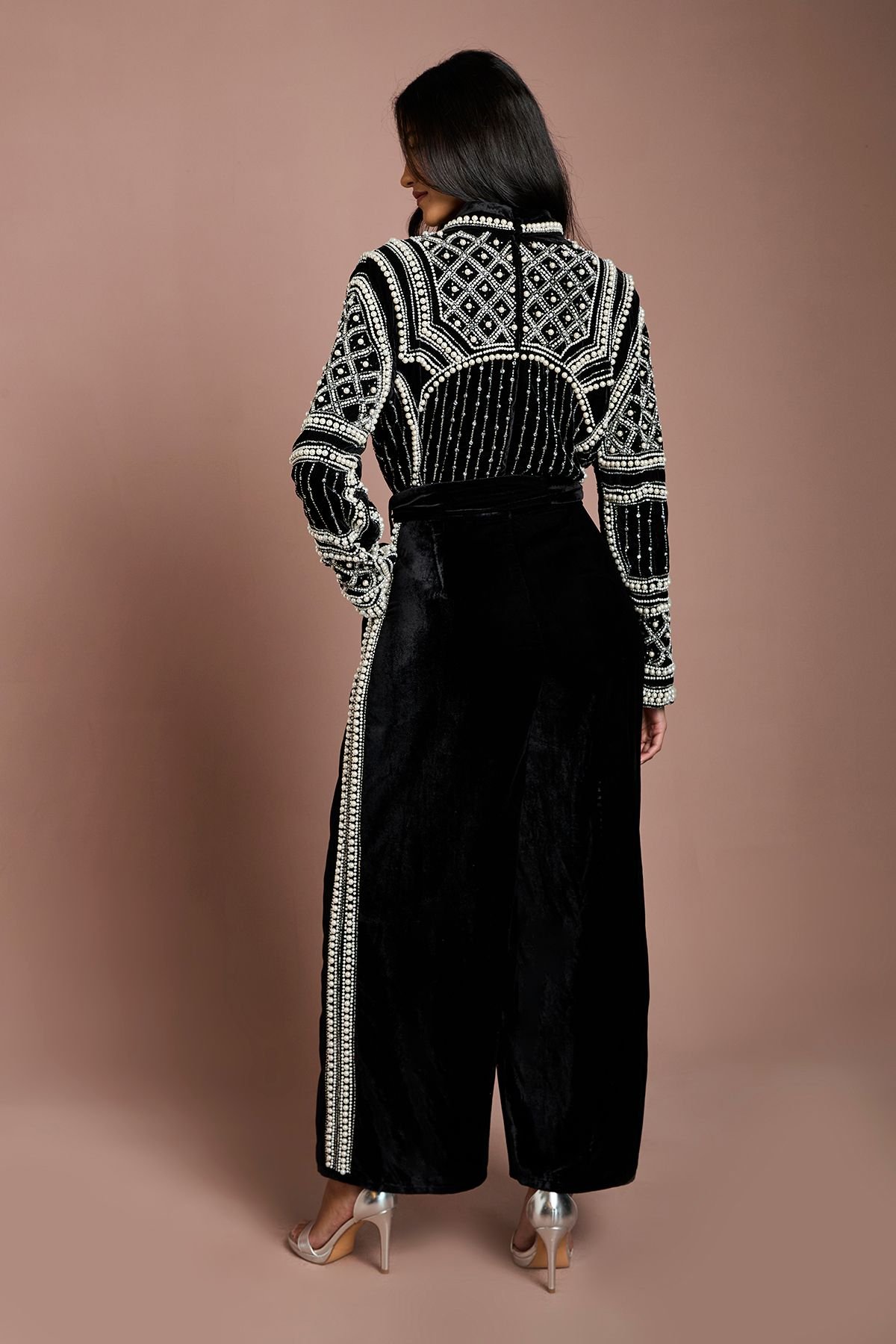 Coast Coast Women's Petite Beaded Velvet Wrap Jumpsuit in Black - 3