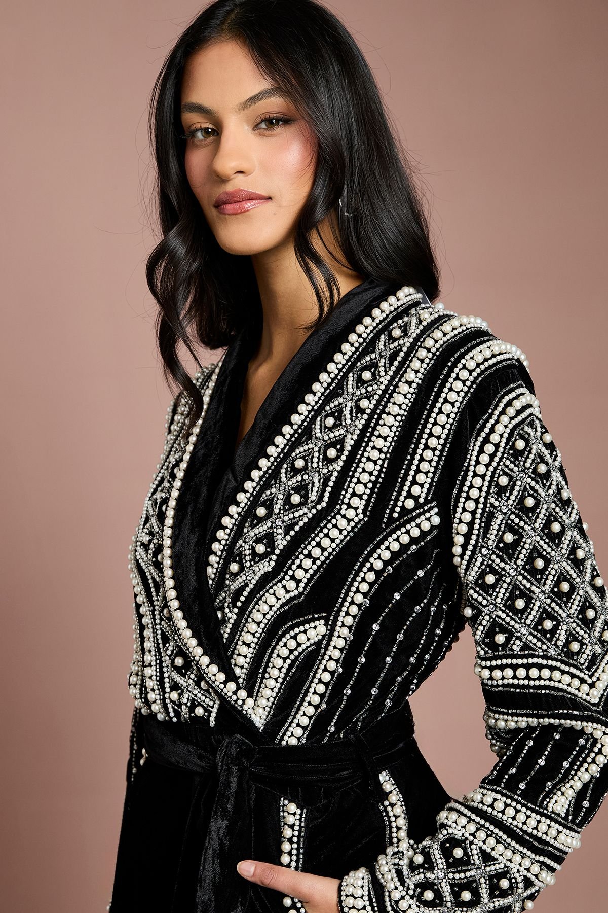 Coast Coast Women's Petite Beaded Velvet Wrap Jumpsuit in Black - 4