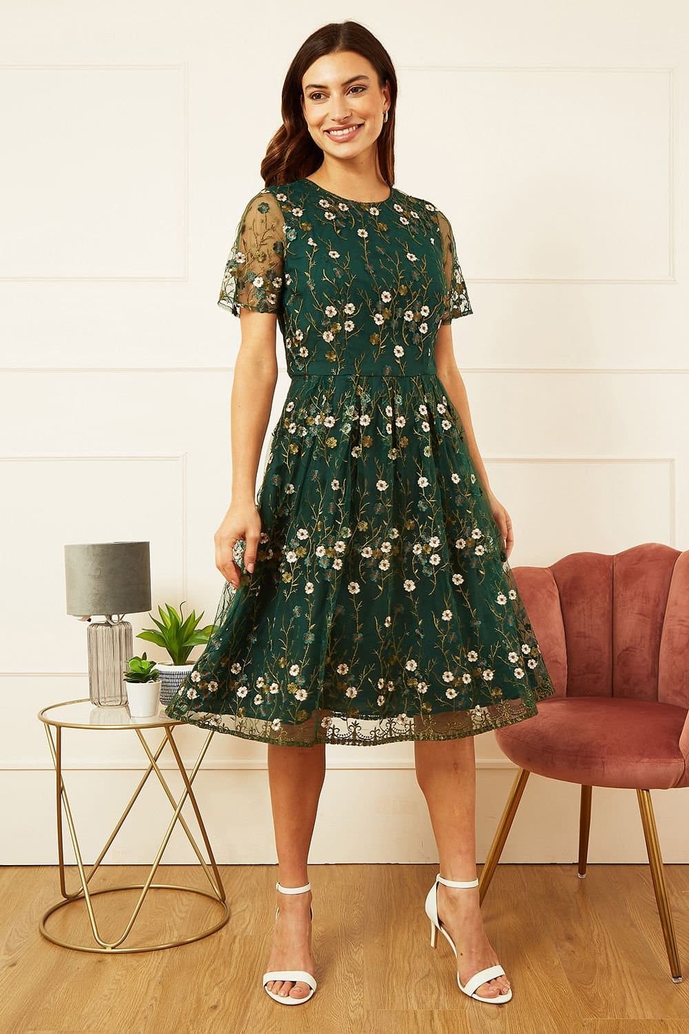 Yumi Yumi Women's Green Embroidered Floral Skater Dress