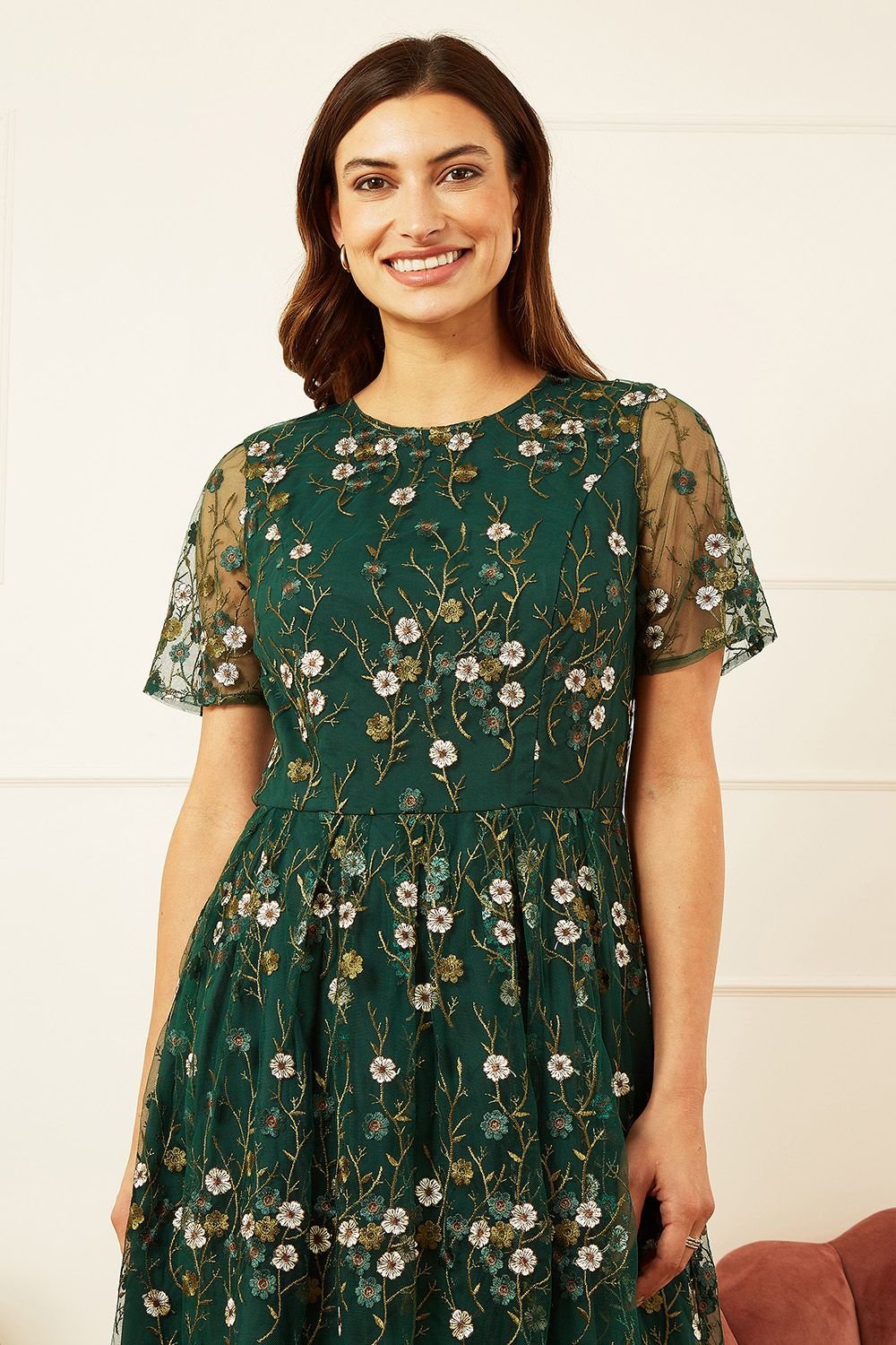 Yumi Yumi Women's Green Embroidered Floral Skater Dress - 2